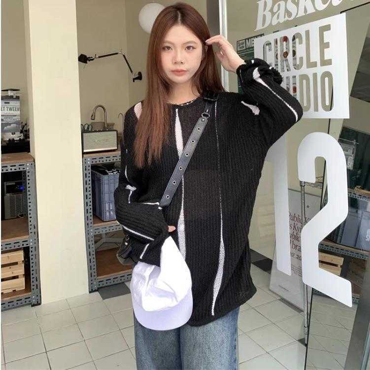 

Asymmetric Design Contrast Color Striped Sweater Womens Autumn Slightly, Black