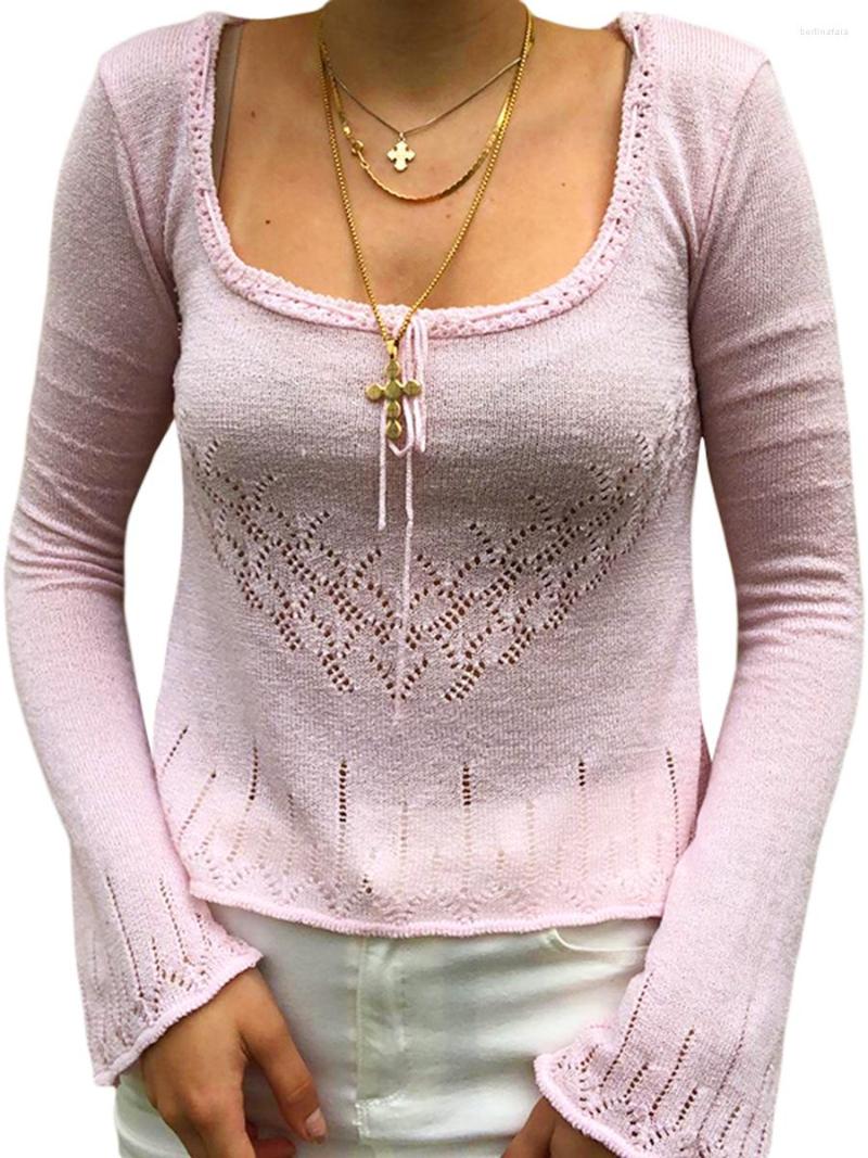 

Women' T Shirts Women Vintage Knitted Fairycore Grunge Shirt Long Sleeve Rib Knit Square Neck Aesthetic Top 90s Streetwear, Pink