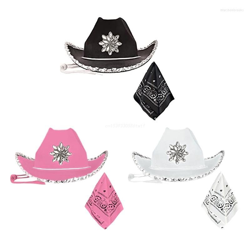 

Berets Cowboy Hats Bandana Set For Men Women Rhinestones Sequins Western Cowgirl Hat Scarf Birthday Party Costume Accessories Dropship, White