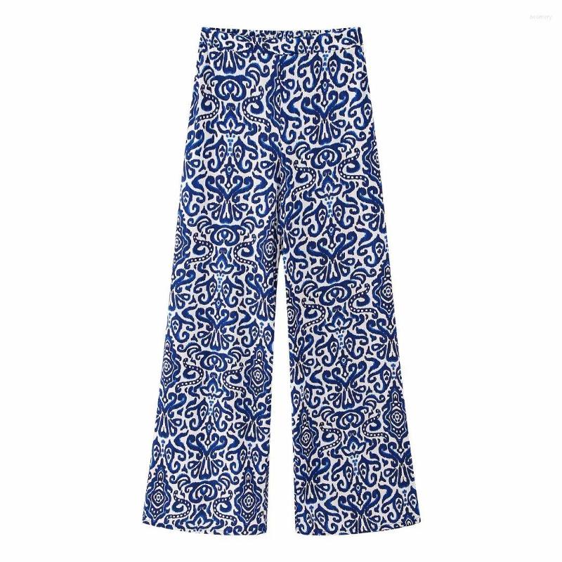 

Women's Pants PB&ZA Women 2023 Chic Fashion Spring Printed Wide- Wide Leg Vintage High Elastic Waist Female Trousers Mujer, Blue