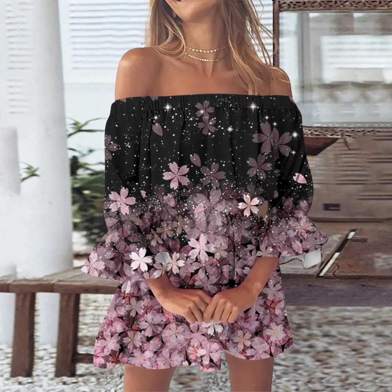 

Casual Dresses Women Comfortable Off Shoulder Sundress Loose Floral Print Boho Dress Bell Sleeve Blouse Mini With Mid Long, Yellow