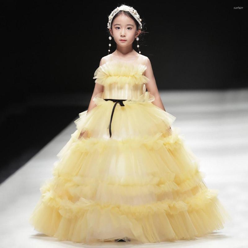 

Girl Dresses Fashion Kids Girls Pleated Gauze Yellow Tulle Puffy Layered Princess Dress Birthday Party Wedding Children's Ball Gown