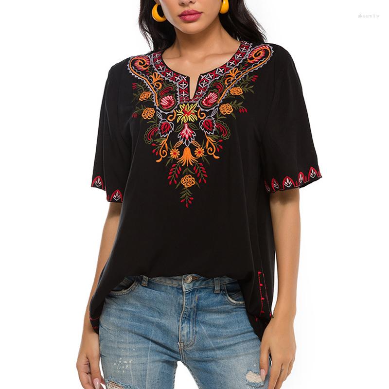 

Women' Blouses AYUALIN Vintage Short Sleeve O-neck Summer Beach Boho 2023 Black Cotton Women Tops Ethnic Floral Embroidery Blouse Shirt