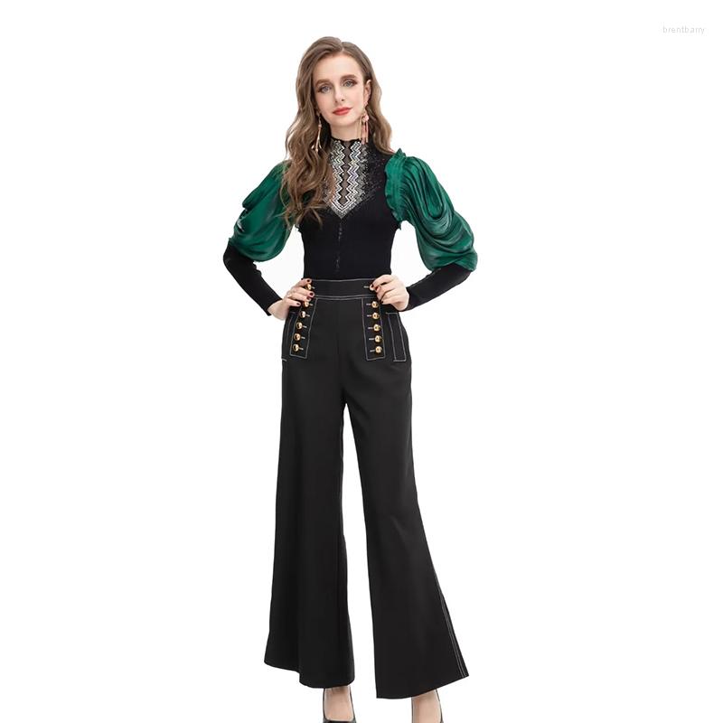 

Women' Two Piece Pants Janeyiren Autumn/Winter 2 Women Long Sleeve Black Top High Waist Flare Trouser Suit, Green