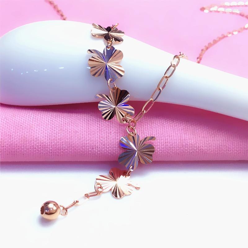 

Chains 585 Purple Gold Luxury Three Leaf Flower Fringed Pendant 14k Rose Neckalce For Woman Exquisite Wedding Jewelry