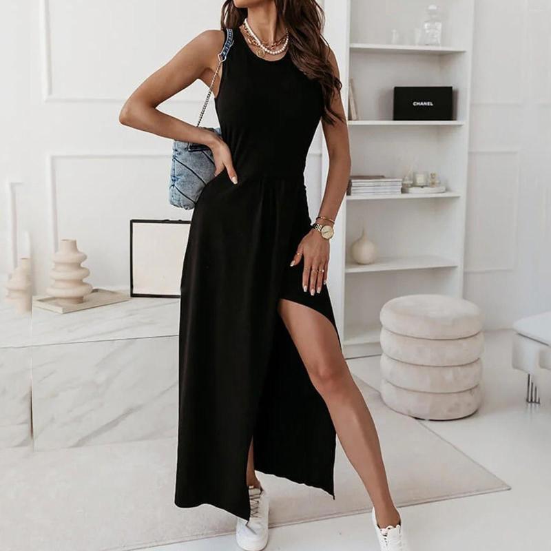 

Casual Dresses Summer For Women 2023 Elegant Solid Round Neck Sleeveless Dress Split Hem Holiday Maxi Vestidos Outfits, Black