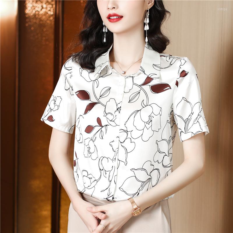 

Women' Blouses Elegant Ladies Shirts Fashion Printing Women Chic Spring Summer Causal Short Sleeve Slim Mujer Blusas, White