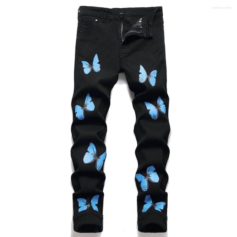 

Men's Jeans Men Butterfly Print Fashion Black Stretch Denim Slim Tapered Pants Streetwear Trousers