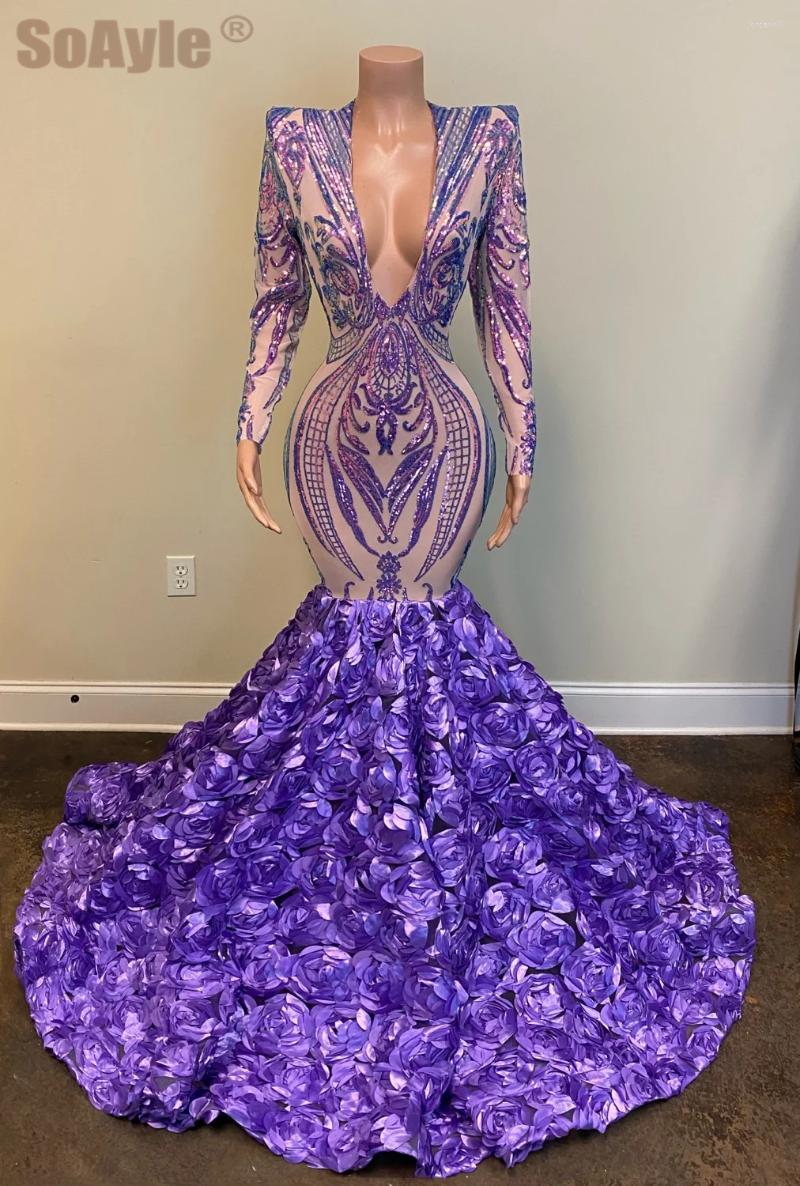 

Party Dresses SoAyle Elegant Purple Blue Prom Dress 2023 Deep V-Neck Evening 3D Flowers Sexy Sequined Lace, Black