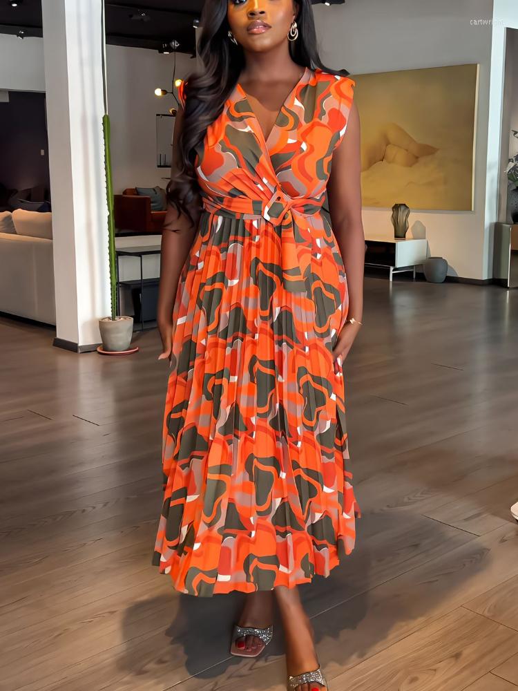 

Casual Dresses Elegant Women Summer Printed Pleat Dress V Neck Sleeveless Shoulder Padded A Line Office Work Daily Outfits, Orange