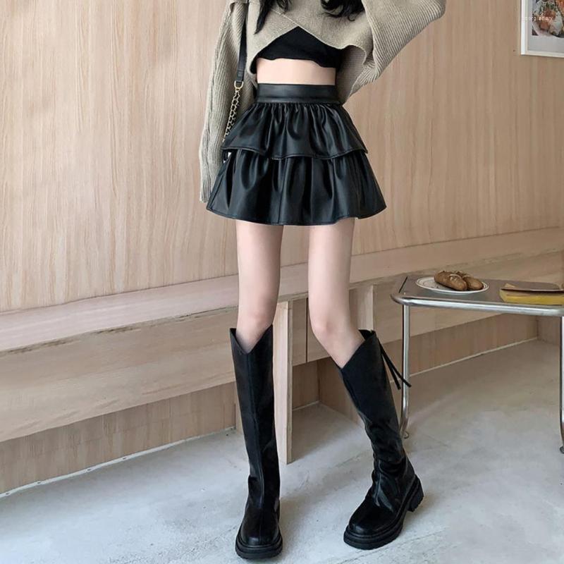 

Skirts Tutu Skirt High Waist -XL Casual Wear Spring Autumn Faux Leather Pleated Female Clothing, Beige