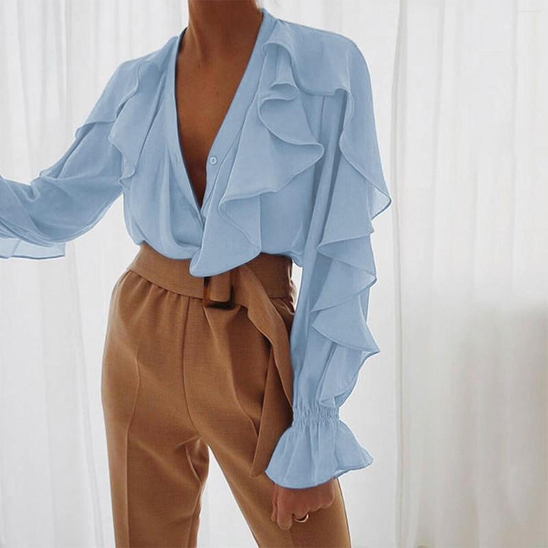 

Women' Blouses Elegant Ruffles Chiffon Shirts Women Long Puff Sleeve V Neck Blouse Korean Fashion All-match Casua Loose Tops Office Blusa, Blue