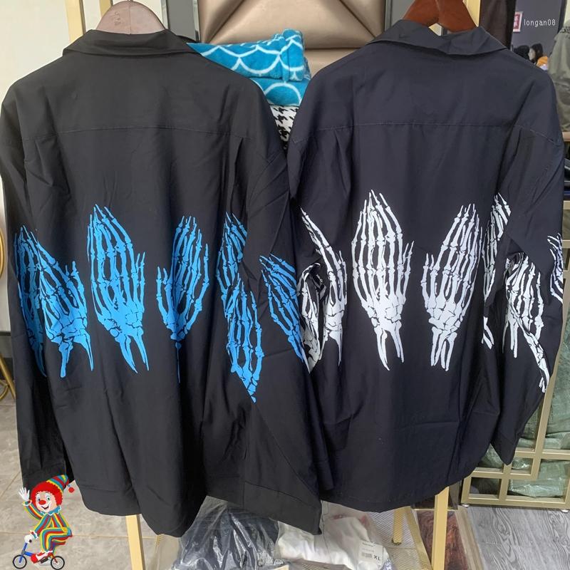 

Men' Casual Shirts High Quality Wacko Maria Skeleton Ghost Claw Print Shirt Street Loose Hawaiian Vacation Style Long Sleeve Men Women