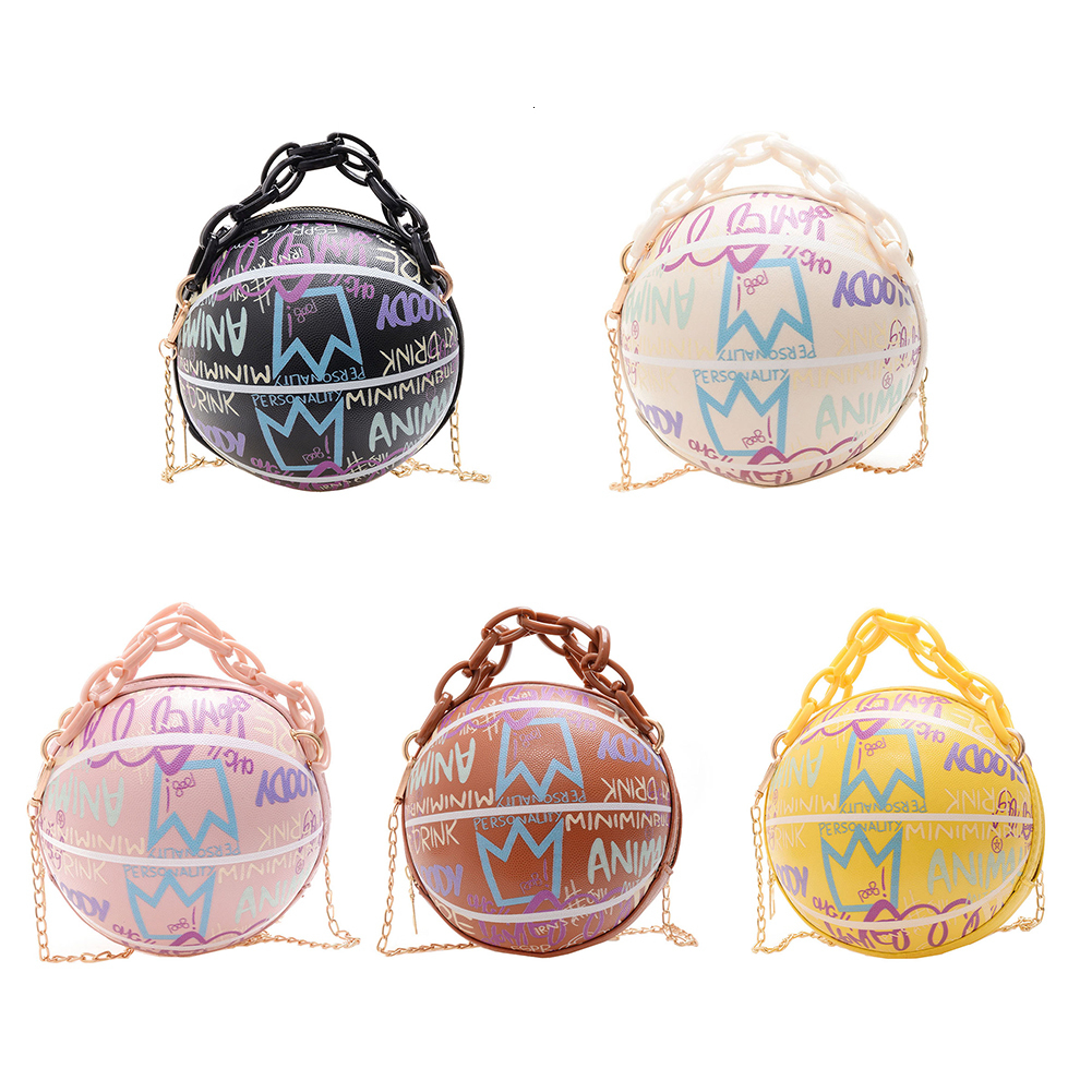 

Evening Bags Women Personality Graffiti Round Ball Soft PU Leather Crossbody Acrylic Chain Handbags and Purses Female Basketball 230414