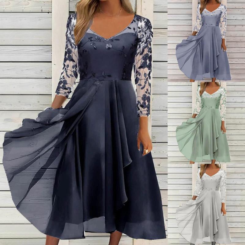 

Casual Dresses Women's Chiffon Patchwork V Neck Mesh Hollow Long Dress Bridesmaid Evening, Black