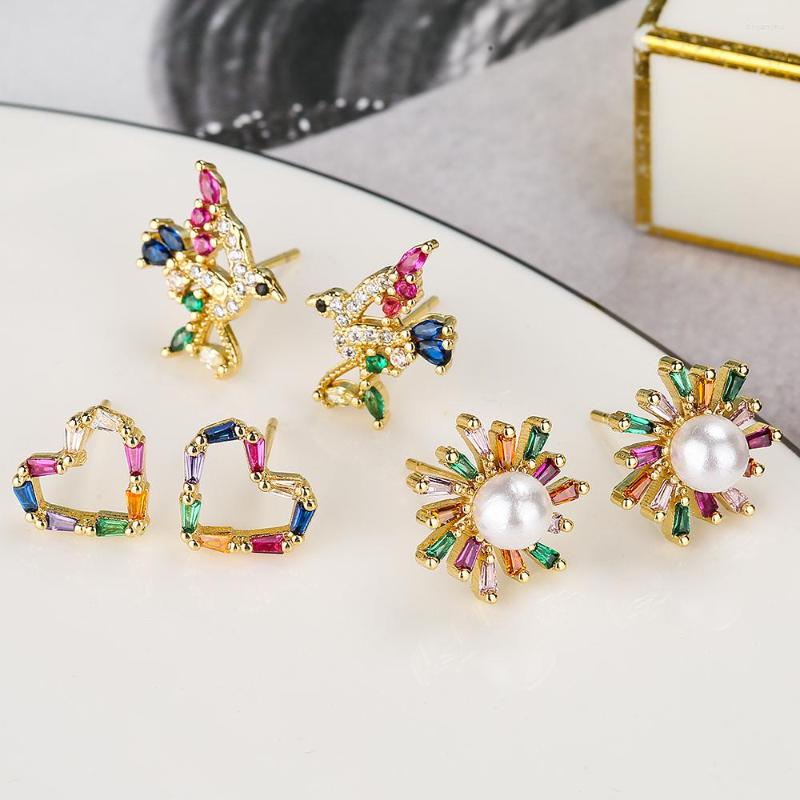

Stud Earrings BUY Design Trendy Bird Love Heart Geometric Gold Plated Rainbow Zircon High Quality Fashion Woman