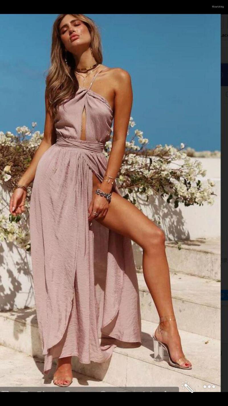 

Casual Dresses Hollow Out Party Loose Bandage Dress Women 2023 Off Shoulder Choker Long Ankle Length Sexy Backless Split Summer, Blue