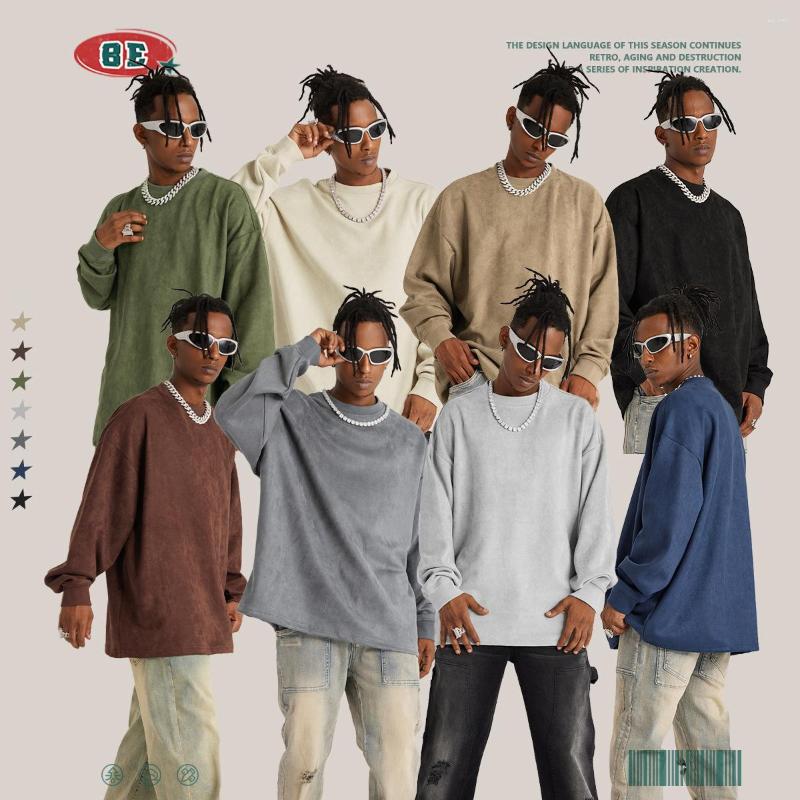 

Men' T Shirts BE Men' Wear | 2023 Autumn Winter American Suede Blank Long Sleeve T-shirt Loose Oversize Round Neck Top, Black