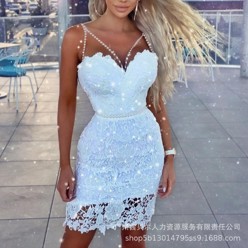 

Casual Dresses Women' Dress Summer Sexy Lace Hollow Out Slim Mini Fashion Spaghetti Strap Backless Slash Neck Party, White