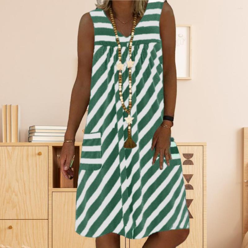 

Casual Dresses Stylish Women Midi Dress Stripe Print Soft Vest Contrast Color Lady, Blue