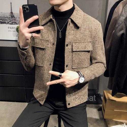 

Men's Jackets Style High Quality Slim Fit Short Woolen Cloth Coat Male Plaid Leisure Jacket Clothing Plus Size  CFVU, Gray