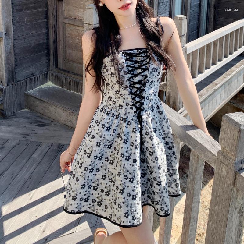 

Casual Dresses Fashion Spaghetti Strap Dress For Women Floral Print Lace Up Bandage Mini Gowns Summer Young Ladies Clothing, Black