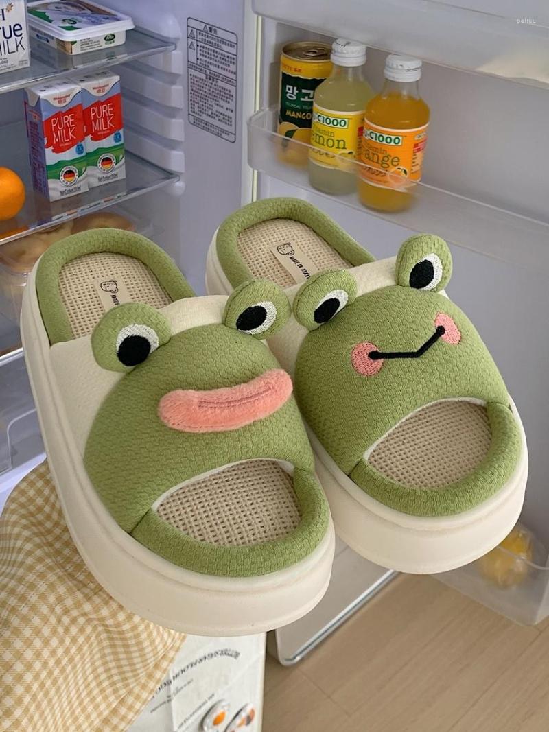 

Slippers Funny Cute Frog Linen For Men And Women Lovers Four Seasons Antiskid Cotton Home Slipper Shoes Ins, Big eyed frog green