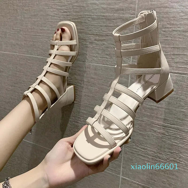 

Sandals High Heels Woman Open Head Sexy Black Square Heel Platform Shoes Summer Back Zipper Size 35-39 Women's Q76, Creamy-white
