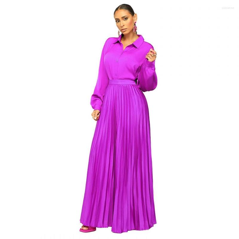

Work Dresses Women Sets Two Piece Set Turn-down Collar Long Sleeve Top And Elegant Pleated Skirt High Streetwear Casual Beach Suit, Lavender