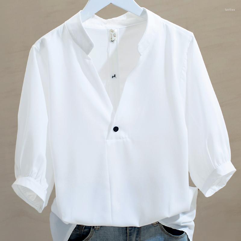 

Women's Blouses 2023 Summer Silk Cotton Shirt Women's Korean Style Loose Button V-neck Short-sleeved Top Chemisier Femme White Shirts