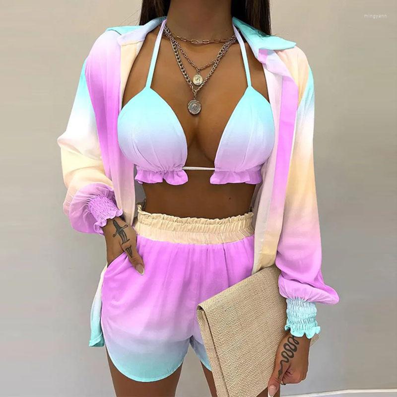 

Women's Tracksuits Summer Women'S Three-Piece Suit Beach Holiday Tops&Bra&Shorts Solid Color Printing Casual Sexy 3-Pieces Women, Purple