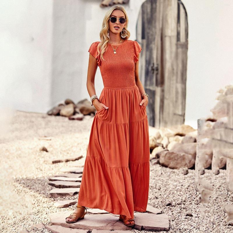 

Casual Dresses M Solid Color Dress Women Summer Elegant Round Neck A Line Knee Length For Fashion, Black