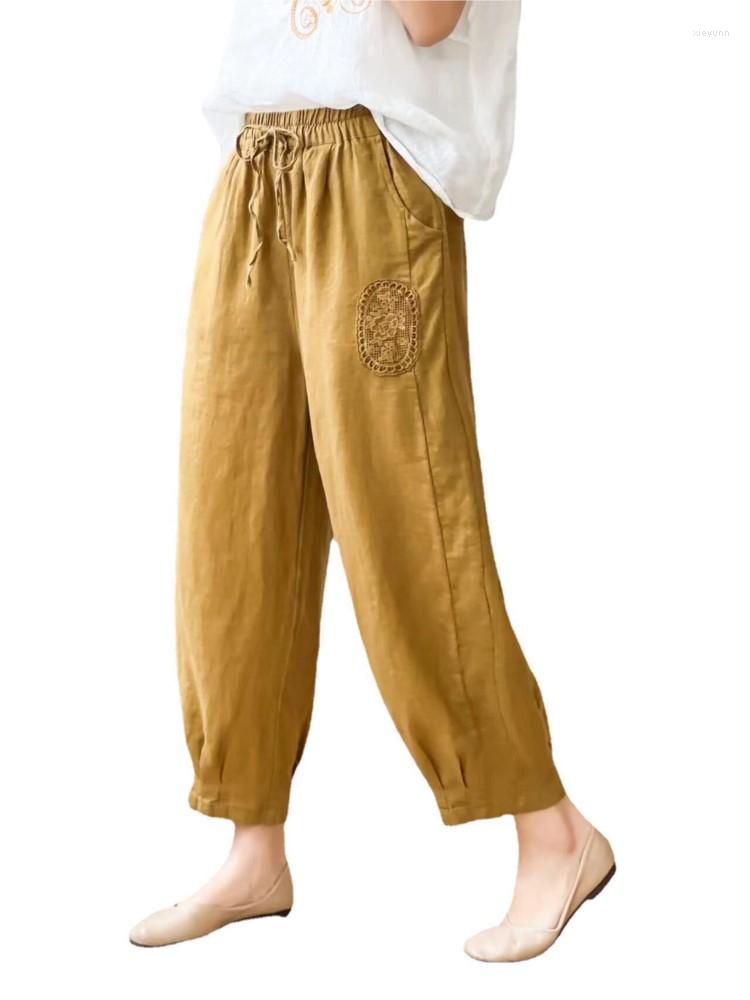 

Women's Pants Women Flax Simple Work Wear 2023 Spring Summer Retro Casual Trousers Ladies Drawstring Jacquard Harem Pantalon, Blue