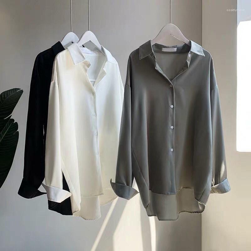 

Women's Blouses Women's Top Shirt Silky Drape Anti-wrinkle Loose Long-sleeved Mercerized Satin Chiffon Solid Color, Ivory