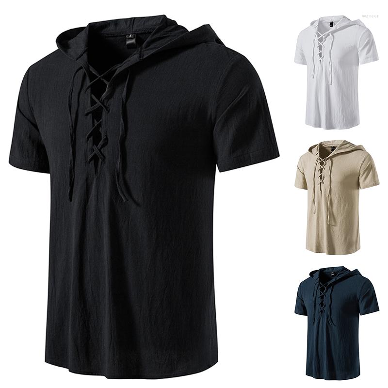 

Men' T Shirts Summer Men' Linen Short Sleeve Casual Daily Beach Yoga Men Clothing V-neck Drawstring Hooded 4 Colors Tops For, Black