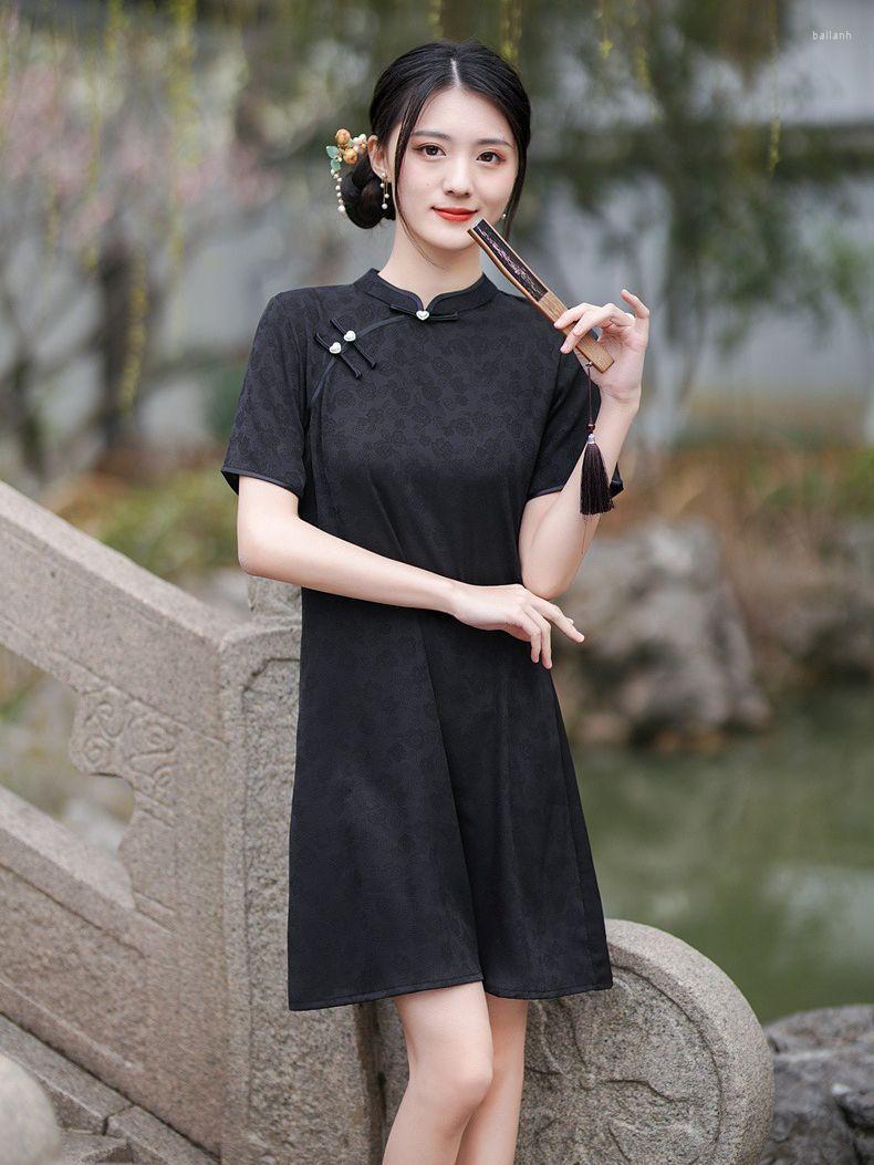 

Ethnic Clothing Improve Chinese Short Style A-Line Qipao Girls Party Dress Fashion Black Jacquard Satin Sleeve Cheongsam