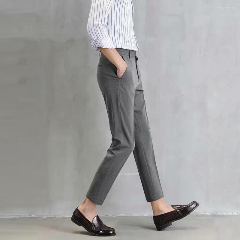 

Men's Pants Men Ninth Solid Color Straight Leg Male Slim Fit Mid-Waist Casual Summer Ankle Length Business Suit, Black