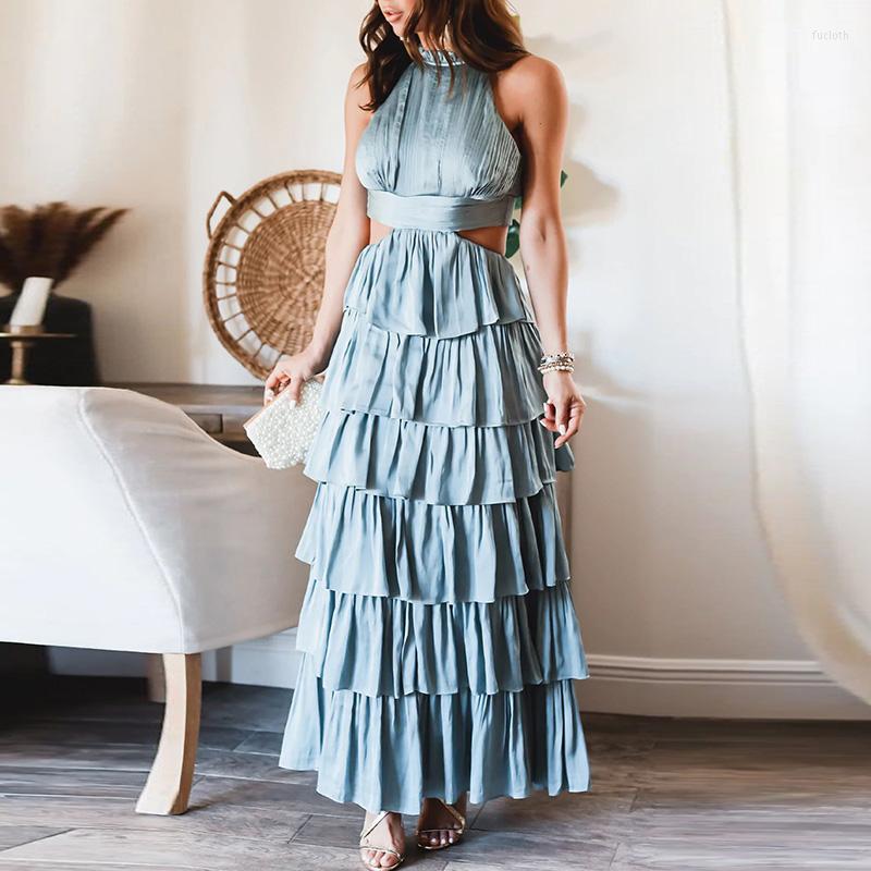 

Casual Dresses Fashion O-neck Sleeveless Long Dress Elegant Hollow Out Backless Lace-up Cake 2023 Summer Women Solid Party, 01 blue