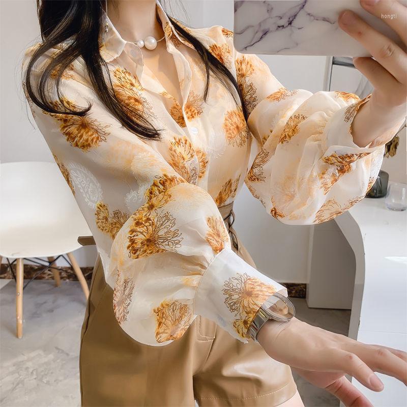 

Women's Blouses Vintage Printed Fashion Lapel Puff Sleeve Button Loose Chiffon Shirt Plus Size Spring Autumn Blouse Casual Female Clothing, Yellow