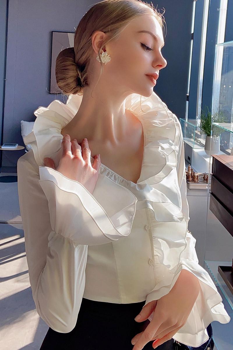 

Women' Blouses Dabuwawa Elegant Women Solid Blouse Spring Lace Ruffle Neck Lantern Sleeves Shirts Fashion Female Ladies DF1DST003, White