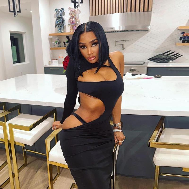 

Casual Dresses 2023 Summer Irregular Hollow-out Lace-up Beauty Back Single-Side Sleeve Sexy Tight Dress, Black