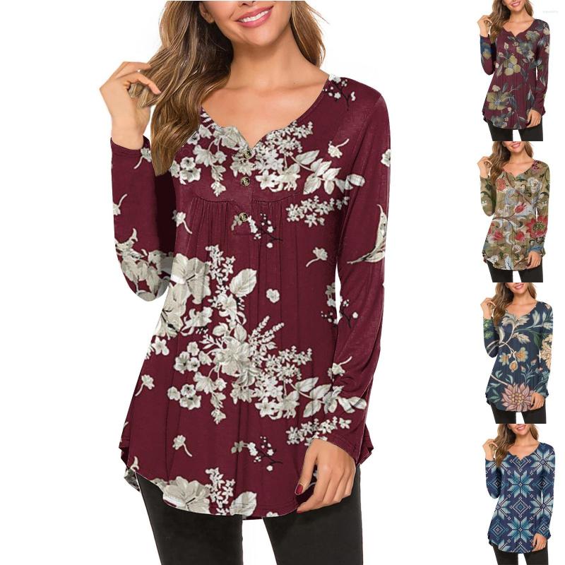 

Women's Blouses Flower Print Women's Shirts With Button O-neck Long Sleeve Blouse And Shirt For Women Plus Size Woman Clothing Femme, Burgundy