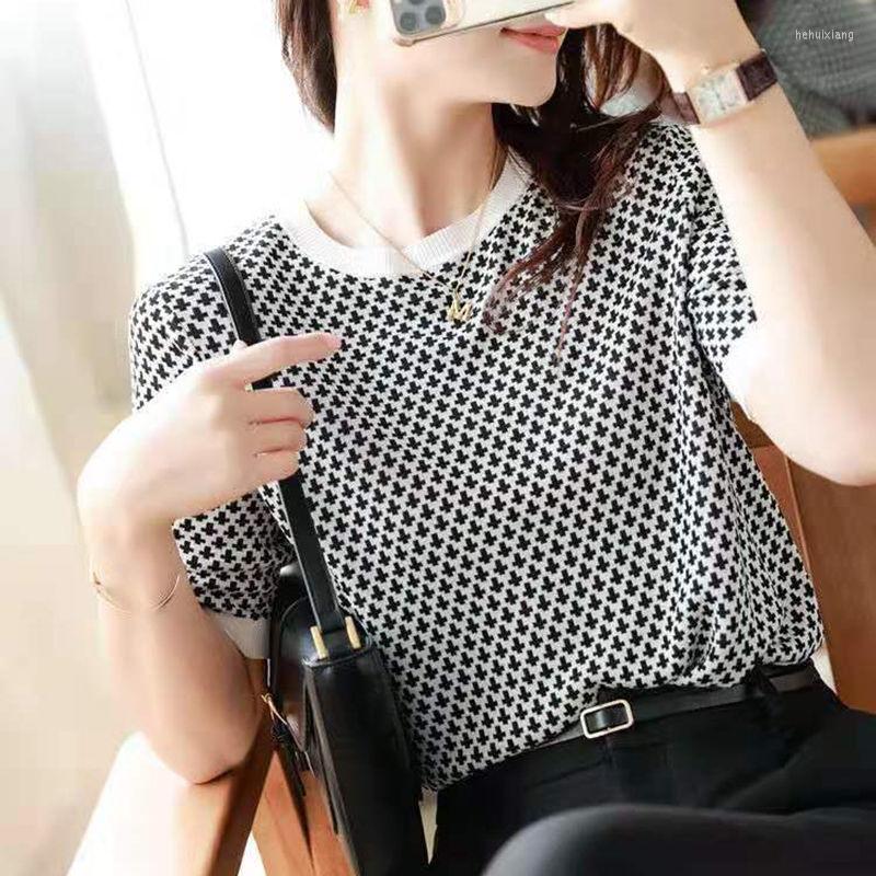 

Women' Blouses Fashion O-Neck Knitted Printed Blouse Female Clothing 2023 Spring Loose Casual Pullovers Short Sleeve Korean Shirt, White