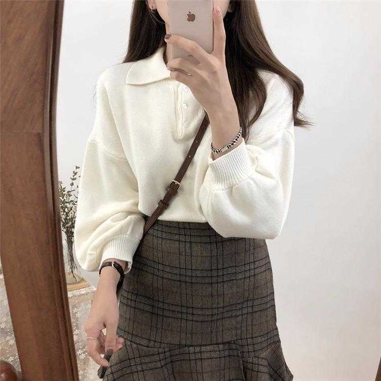 

Polo Collar Lantern Sleeve Cored Yarn Sweater Female Autumn And Winter Sweet All, White
