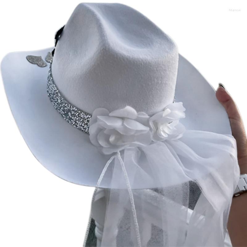 

Berets Cowgirl Hat Shining Glitter With Veil Elegant Jazz PoProp, White veil