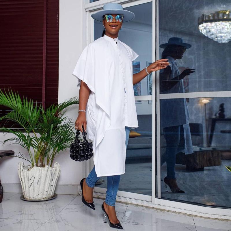 

Women's Blouses S-2XL White Short Sleeved Shirt African Women Clothing Fashion Irregular Buttons Elegant Loose Slim Tops 2023 Spring