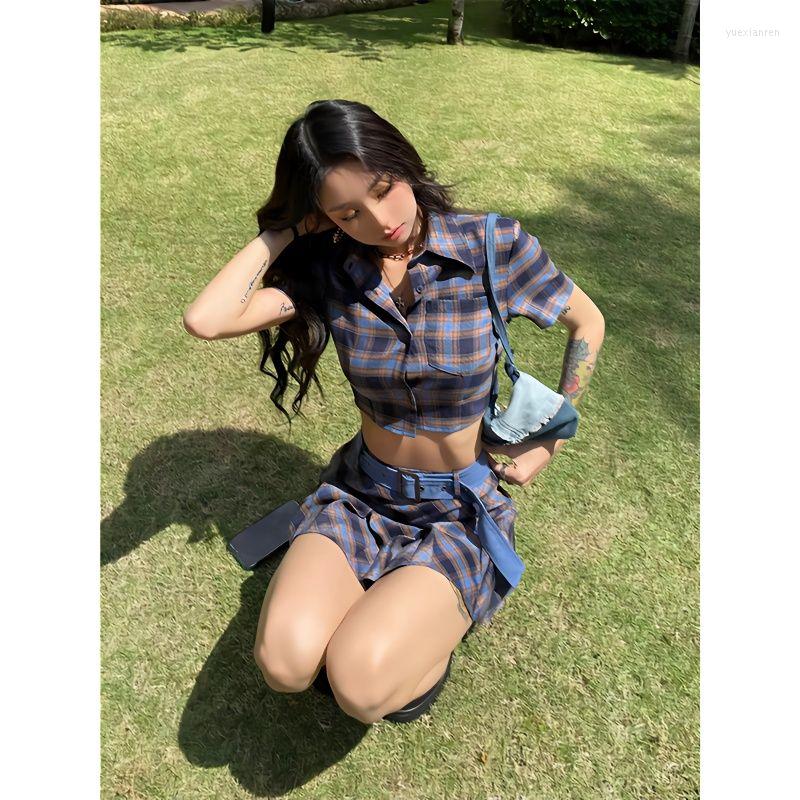 

Work Dresses 2023 Sexy Girl Plaid Shirt Top High Waist Pleated Short Half-body Skirt Fashion Two-piece Suit Summer Female Y2K, Two pieces