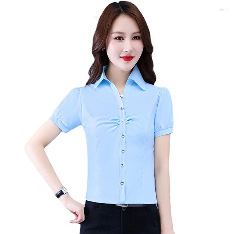 

Women' Blouses Suumer Women Shirts Elegant V-Neck Button Up Shirt Korean Fashion Cotton Office Lady White Work, Blue