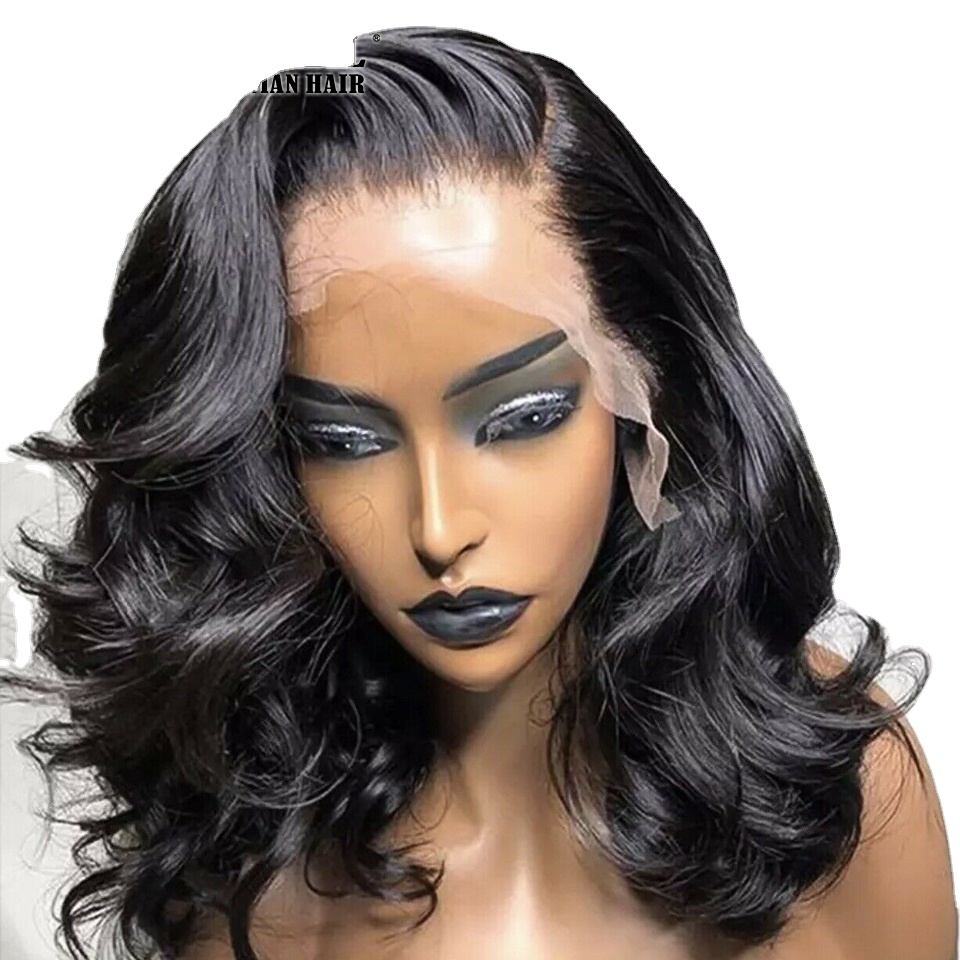 

Short Wavy Bob Lace Wig 13x4 Lace Frontal Wig Body Wave Bob Wig Peruvian Human Hair Natural Color Glueless, T part wave