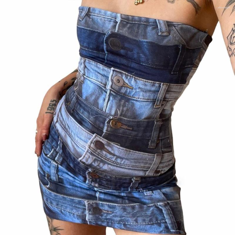 

Casual Dresses Spring 2023 Fashion Print Personality Slim Backless Bandeau Hip Dress, Blue